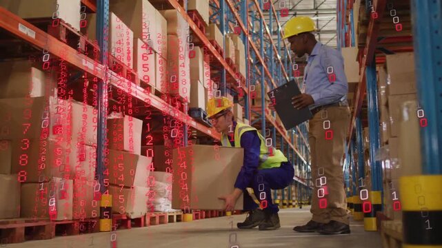 Warehouse picker squatting and lifting box after red AR overlay appearing lead checking for stock