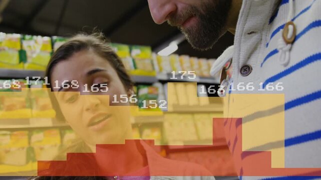 Woman stepping and picking up yellow bottle in grocery, reading label as heatmap highlighting price