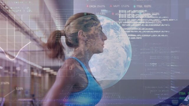 Woman running on treadmill, console sending globe charts percent code overlaying runner for fitness
