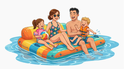 Obraz premium A vibrant family enjoys a sunny day of water fun, lounging comfortably on an inflatable raft and embracing the spirit of leisure and summertime.