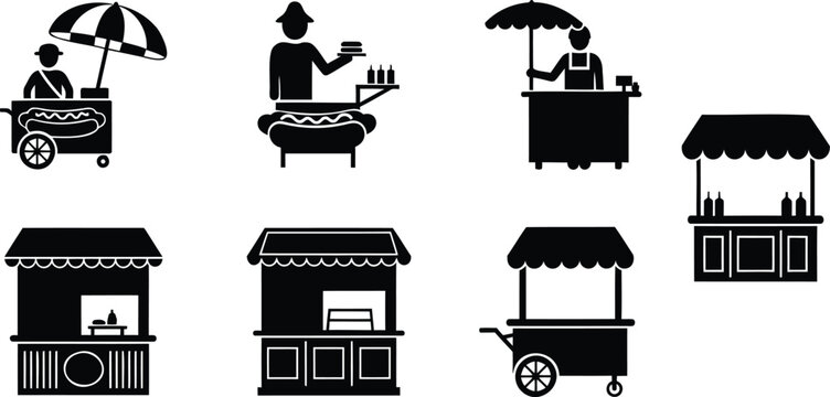 Street food vendors and market stalls selling hot dogs vector silhouette illustration.