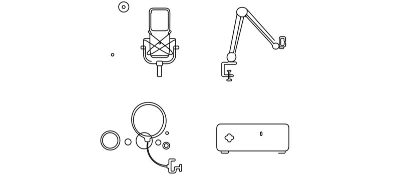Podcast and Music Recording Studio Equipment Vector Icon Set with Editable Stroke, Featuring Condenser Microphone, Boom Arm, Pop Filter, and Audio Interface for Professional Audio Production.