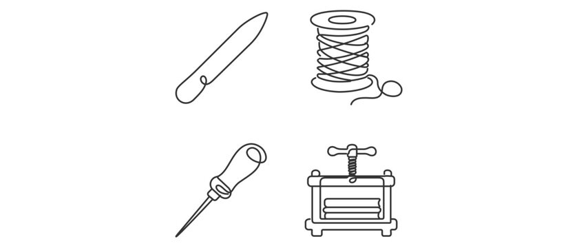 Professional Bookbinding Tools Vector Icon Set with Editable Stroke. Collection of 4 Icons: Bone Folder, Linen Thread Spool, Stitching Awl, and Book Press for Handcrafted Bookmaking Artistry.