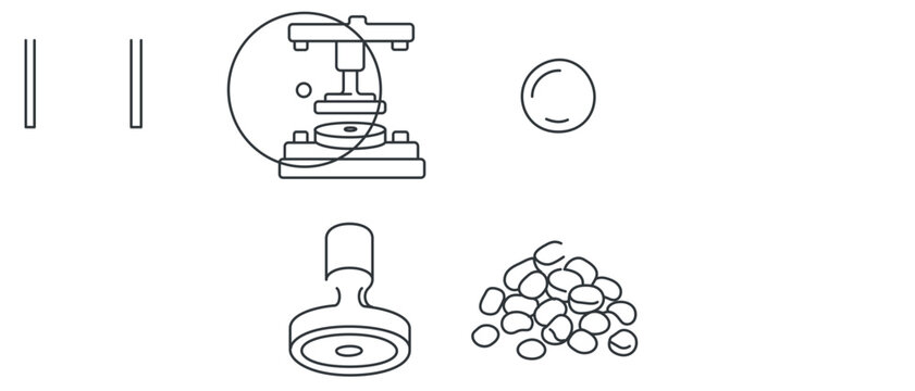 Vector icon set collection of 4 icons for vinyl record manufacturing featuring hydraulic pressing machine, center label disc, metal stamper tool, and raw vinyl material pellets for music audio.