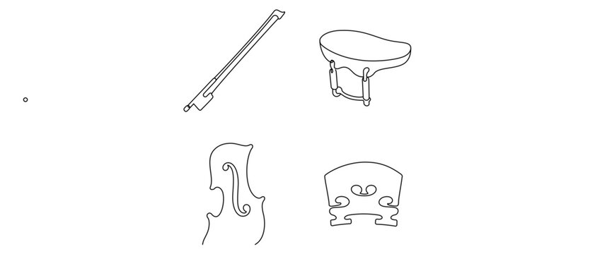 Violin Assembly Vector Icon Set with Editable Stroke. Featuring Violin Bow, Chin Rest, F-hole Detail, and Violin Bridge. Minimalist Line Art Collection for Music and Orchestral Design.