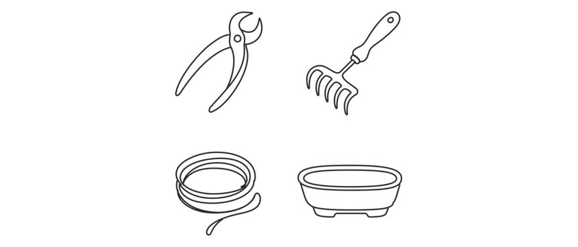 Bonsai Tree Care Vector Icon Set with Editable Stroke; Collection of 4 Icons Including Concave Cutter, Root Rake, Training Wire, and Ceramic Pot for Gardening, Horticulture, and Artisan Hobbies.