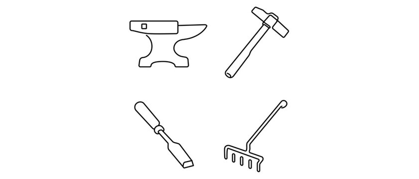 Blacksmithing Forge Tools Vector Icon Set of 4 Icons with Editable Stroke featuring Anvil, Straight Peen Hammer, Hot Cut Chisel, and Coal Rake for Metalworking and Artisan Craft Projects.