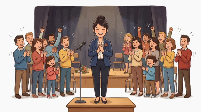 An inspirational woman stands at the center stage, delivering a compelling speech to a captivated audience, as applause fills the room.