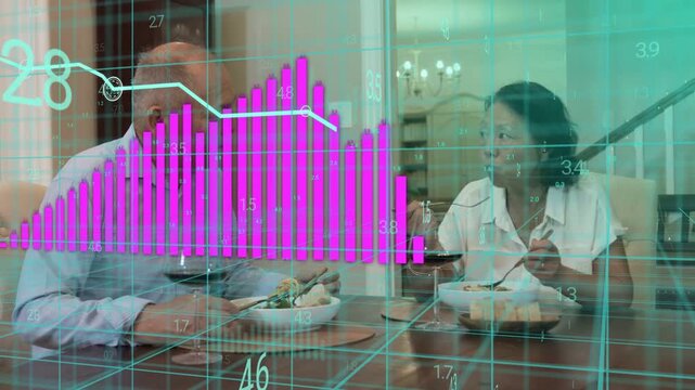 Couple sitting at dining table, overlay rising showing meal data, bar chart obscuring them for tech