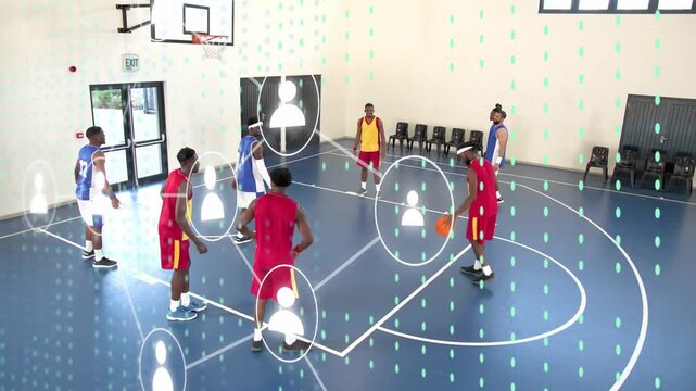 Red handler starting basketball dribble moving right as AR icons aligning team preparing pass or sho