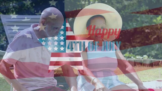 Senior couple sitting poolside splashing on playback while 4th of July graphic overlaying couple