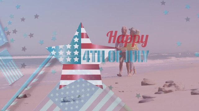 Senior couple walking shore, patriotic graphics fading in overlaying them and marking 4th July