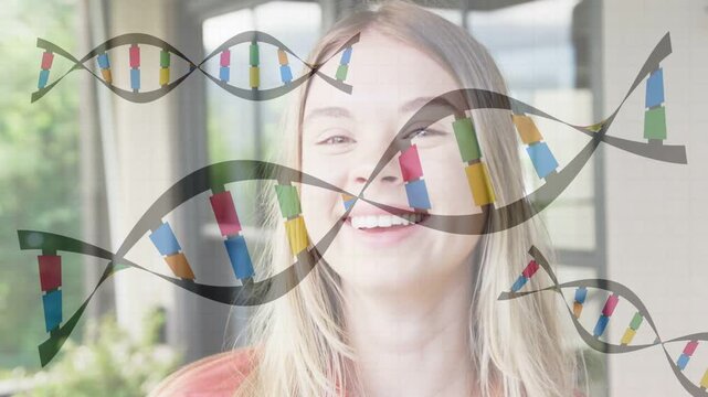 Teen raising hand tucking hair keeping gaze smiling laughing DNA drifting over face for genetics