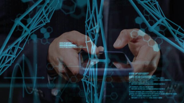Man in suit tapping smartphone, initiating blue tech mesh overlays, scrolling code, analyzing data