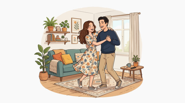 A loving couple dances in their cozy living room, bathed in warm light, embodying togetherness and intimacy in their shared embrace, creating a captivating illustration of romance and companionship.