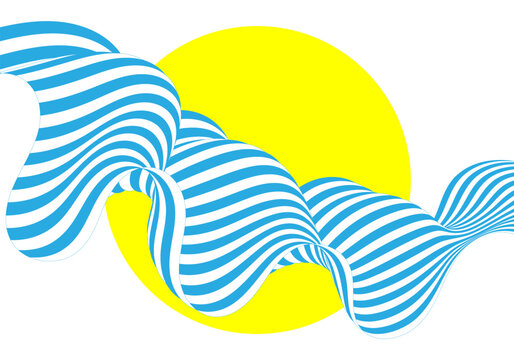 Abstract blue and white striped wave on bright yellow circle background isolated on white background. Eps 10