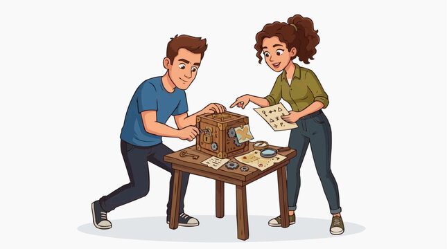 A couple engages in a playful escape room-style game, highlighting problem-solving, teamwork, and engagement in this whimsical illustration.