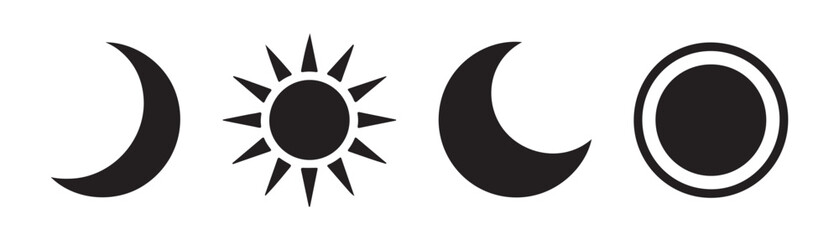 Black celestial icons set including crescent moons sun and full moon shapes on transparent background designs. © Sumon
