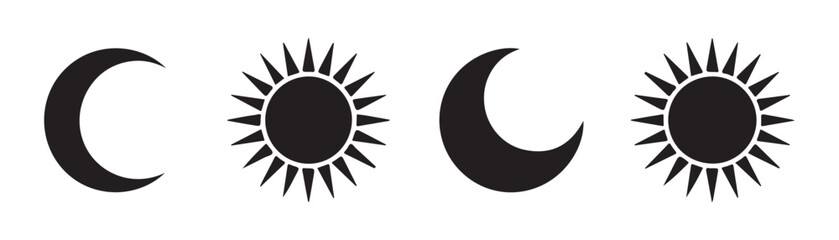 Sun and moon vector collection with various ray designs and crescent shapes on gray checkered backdrop layout. © Sumon