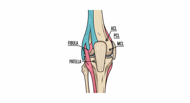 Detailed diagram of the human knee joint, highlighting ligaments and bones