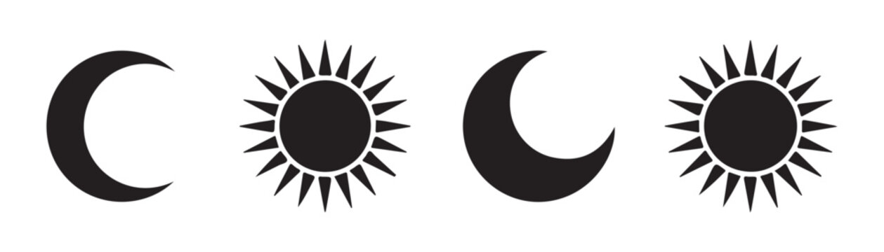 Sun and moon vector collection with various ray designs and crescent shapes on gray checkered backdrop layout.