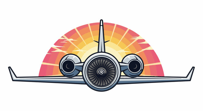 Front view of jet airplane ascending into a colorful sunset with clouds