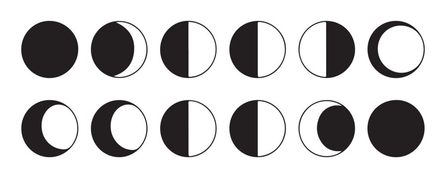 Set of moon phase icons, showing various stages from new moon to full moon and back again.