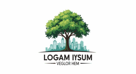 Obraz premium Lush green tree flourishes over a city skyline with text below