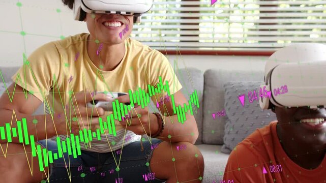 Two men wearing VR headsets on couch using controller, HUD waveform, numbers responding for gaming