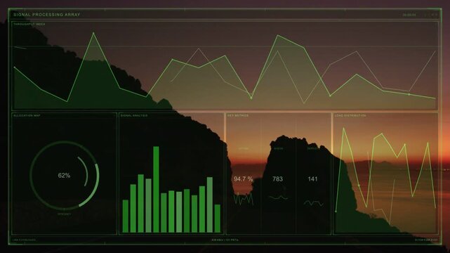HUD activating, overlay building, gauge filling, graphs pulsing to show data over rock silhouette