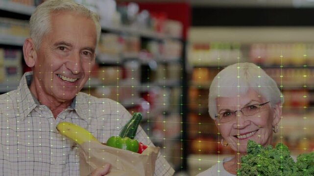 Senior duo holding bags in store aisle smiling as green grid sweeping, lighting produce for retail