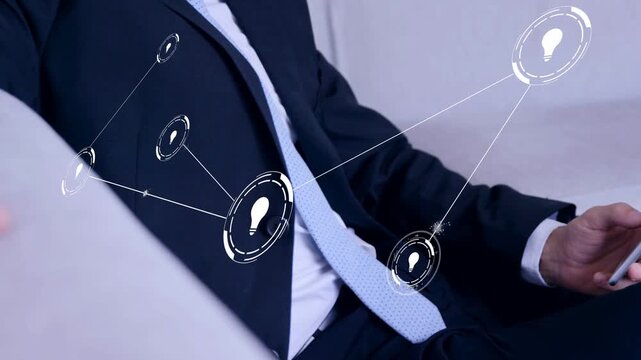 Man tapping phone, activating bulb nodes over torso, camera receding, showing tech for designers