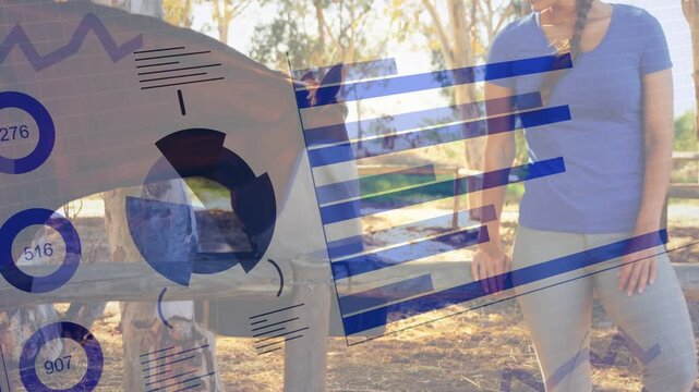 Woman leaning at fence by horse while blue charts sliding, revealing rider and horse for marketing