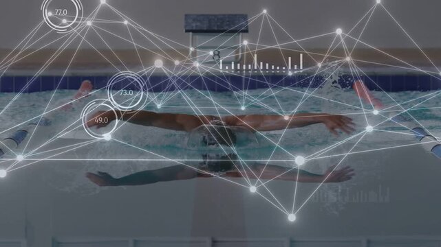 Pool-cam capturing male swimmer initiating sports lap from block 8 with HUD metrics tracking times