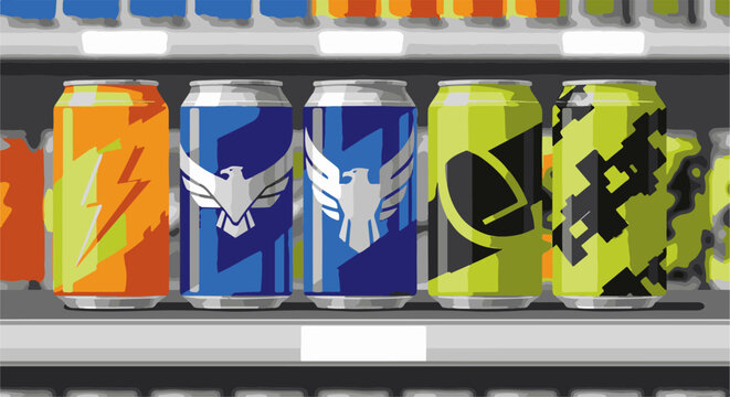 Colorful energy drink cans with stylized graphics on a shelf