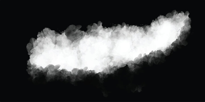 Diagonal curved white watercolor smoke or cloud brush effect on black background.