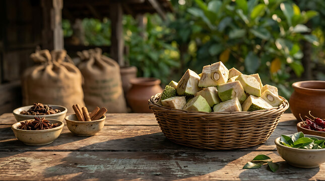 Basket of freshly cut jackfruit chunks with cinnamon sticks on a rustic wooden table outdoors