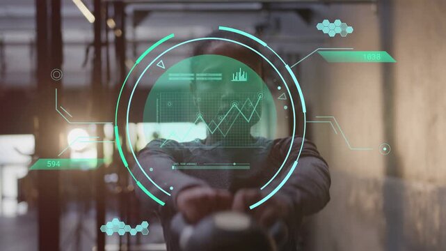 Female operator aligning face in circular green HUD on glass, raising hands updating graph for tech