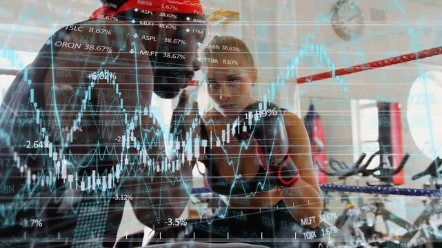 Coach leaning in adjusting boxer gloves in ring finance charts overlaying fixing guard for sparring
