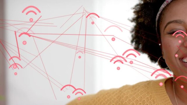 Female presenter leaning inward, pulsing red network causing shift and showing tech for marketers