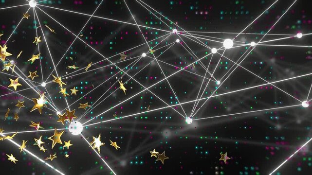 Gold stars entering left, drifting over wireframe, nodes glowing and lines re-linking, showing flow