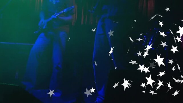 Beat-triggered band duo moving legs and strumming guitar while white stars growing to enhance stage