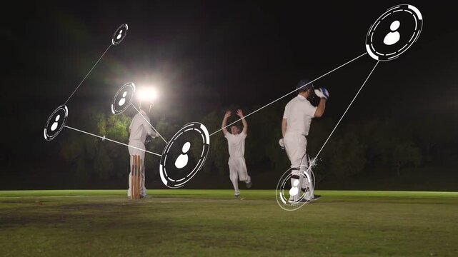 Cricket bowler delivering ball, white overlays linking batsman and fielders celebrating dismissal
