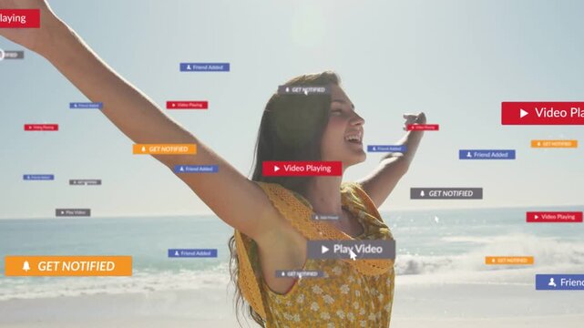 Woman standing on beach arms open, social badges emerging right, clustering then thinning, engaging