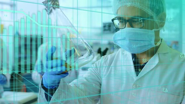 Male lab tech lifting foil flask, rotating, examining sample as data overlay aligning for lab QC