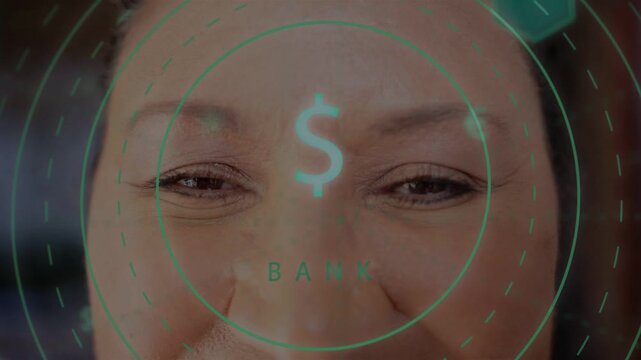 Woman opening eyes in bank demo, teal HUD scanning face with dollar sign for authentication