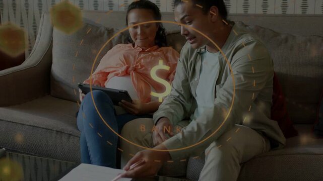 Pregnant woman with tablet, man reaching for pen, writing budget with bank overlay over couple