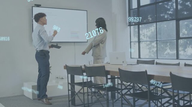 Man raising stylus to screen, team reviewing biz KPIs via tablet plus overlays, agreeing next steps