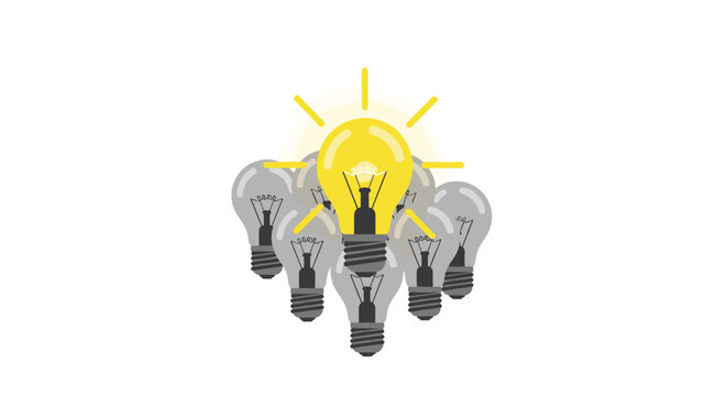 A single illuminated yellow lightbulb glows brightly at the center of several dim, gray lightbulbs against a solid white background in a clean flat design style.