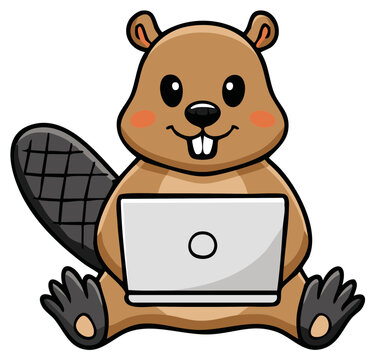Cartoon beaver using a laptop computer, cute animal character